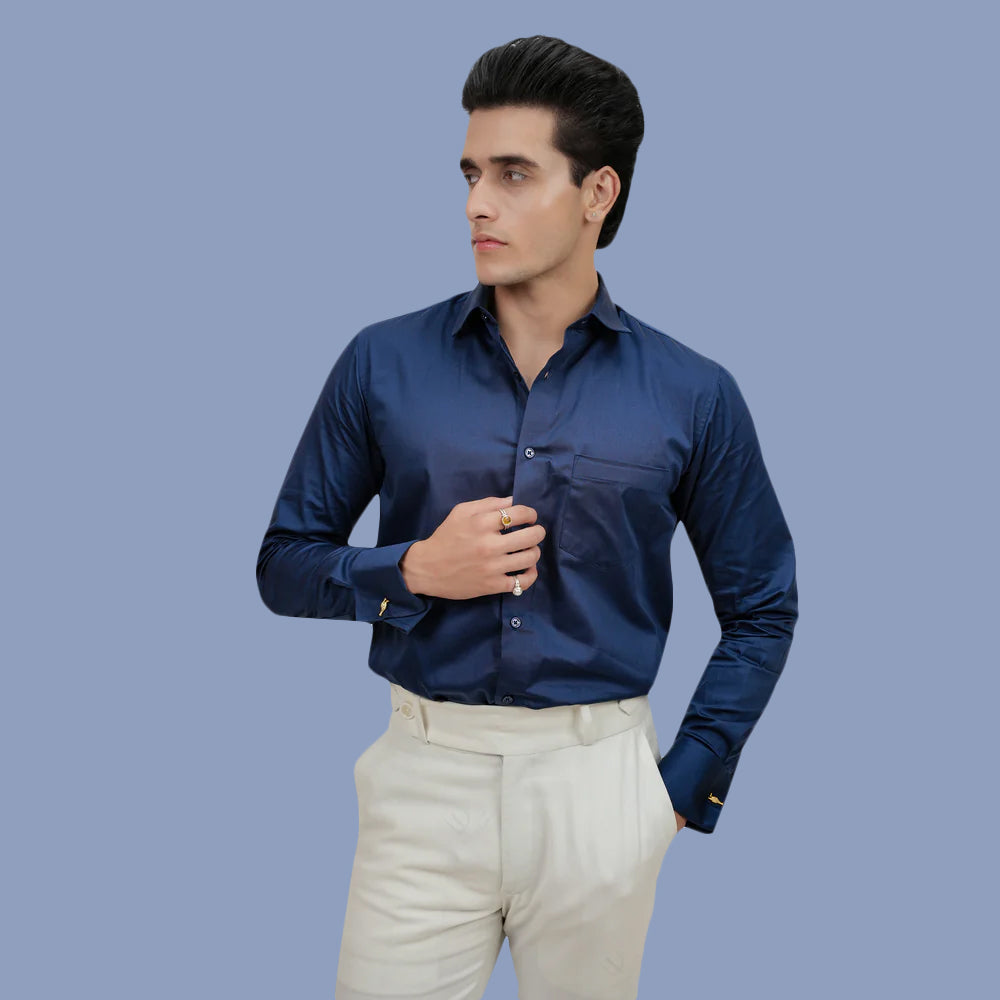 Premium Blue Plain Regular Fit Shirt with Cufflinks - 100% Cotton