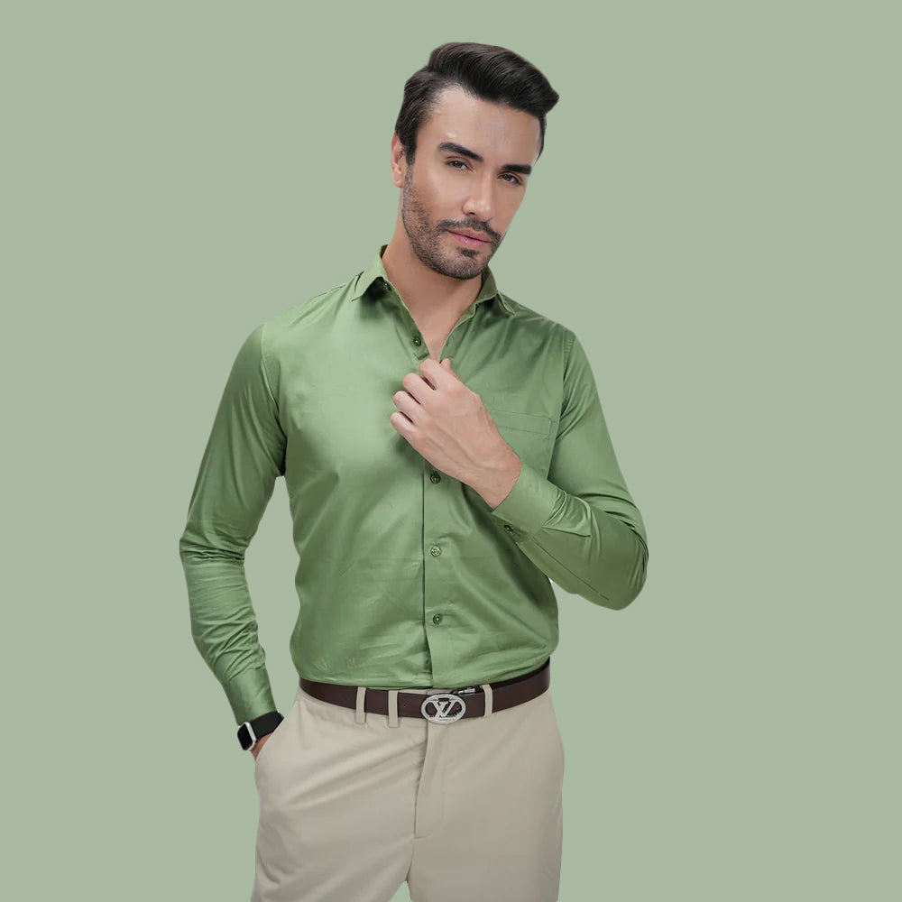 Olive Green Solid Plain Formal Shirts for Men - 100% Cotton