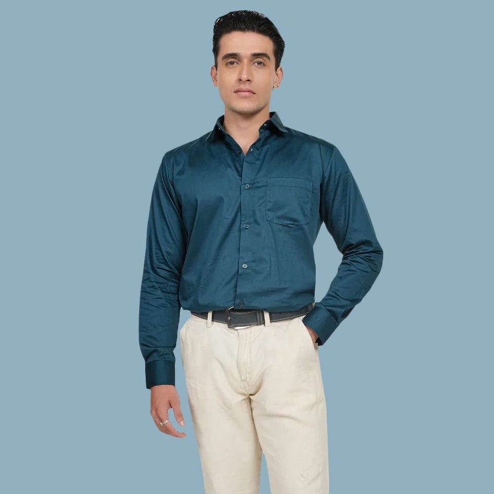 Turquoise Blue Solid Plain Formal Shirts for Men - 100% Cotton