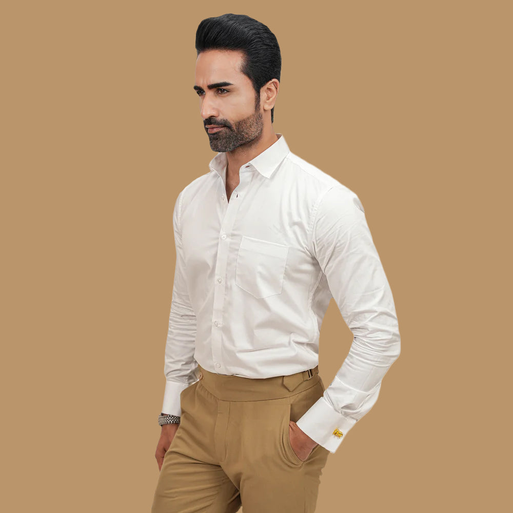 Premium White Plain Regular Fit Shirt with Cufflinks - 100% Cotton