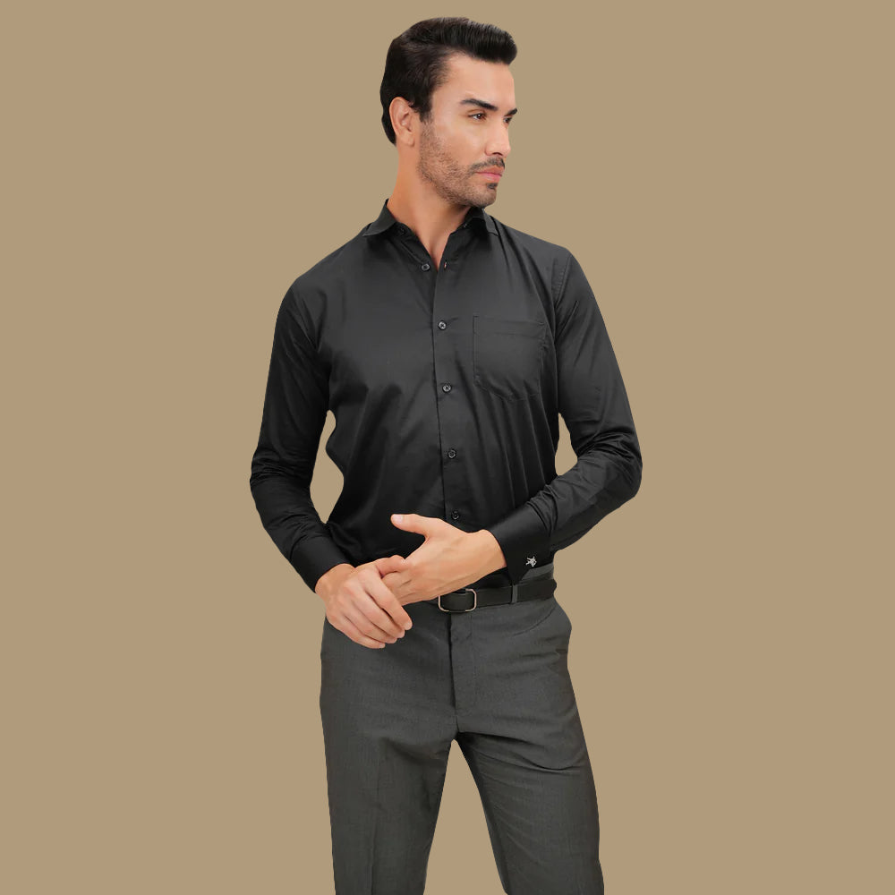 Premium Black Plain Regular Fit Shirt with Cufflinks - 100% Cotton