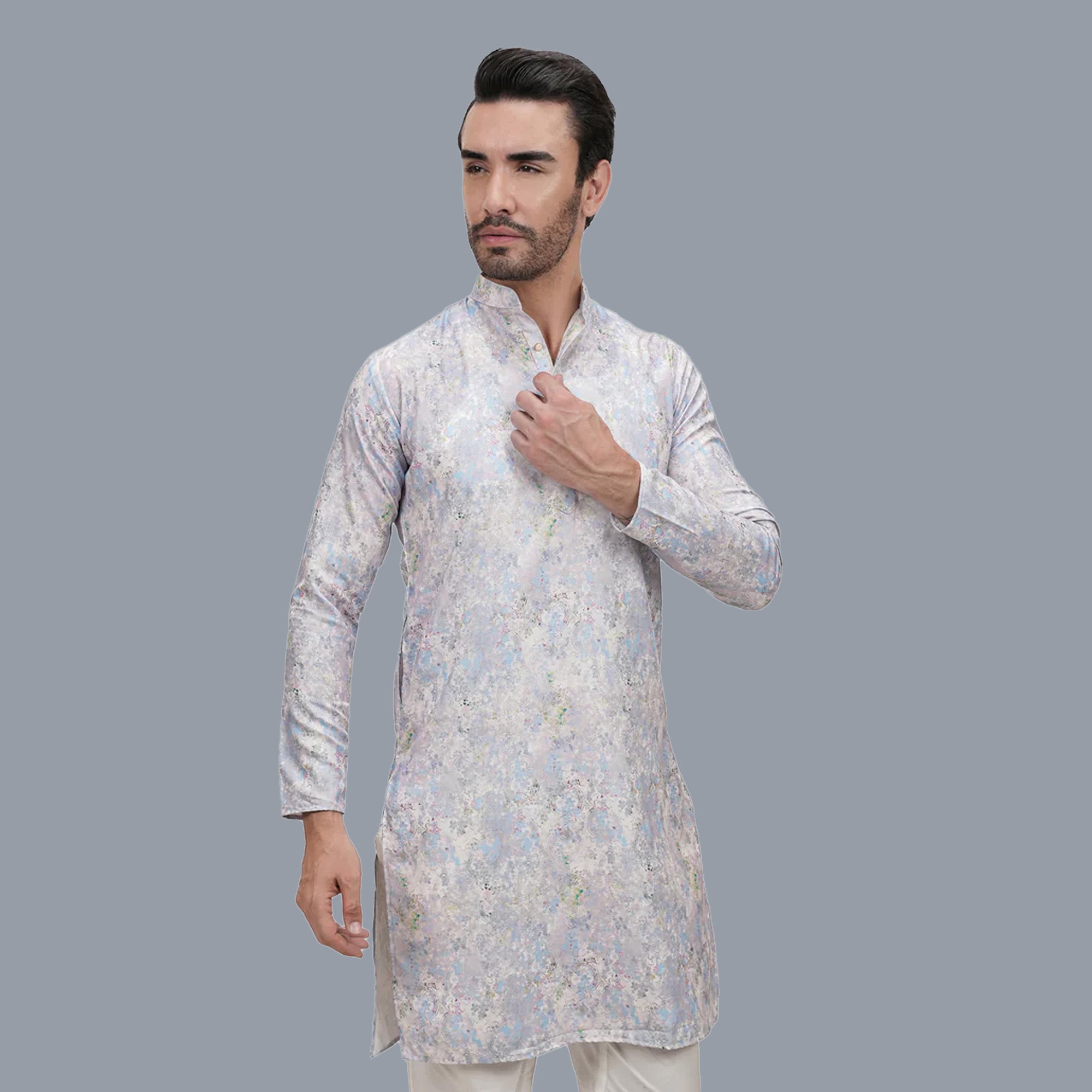 Cotton Linen Floral Printed Long Kurta for Men White Color