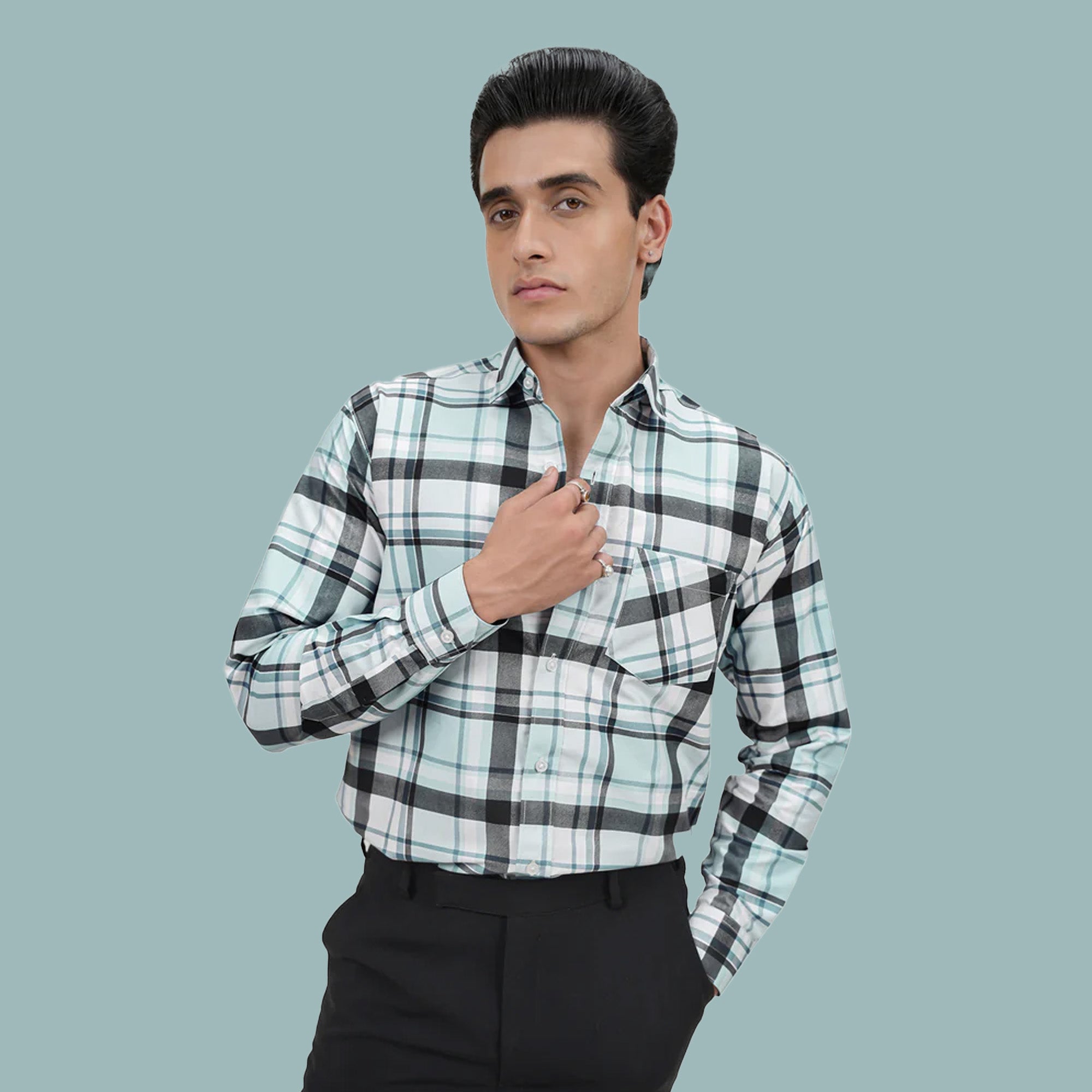 Black Strip Checked Cotton Blend Formal Shirt for Men Blue