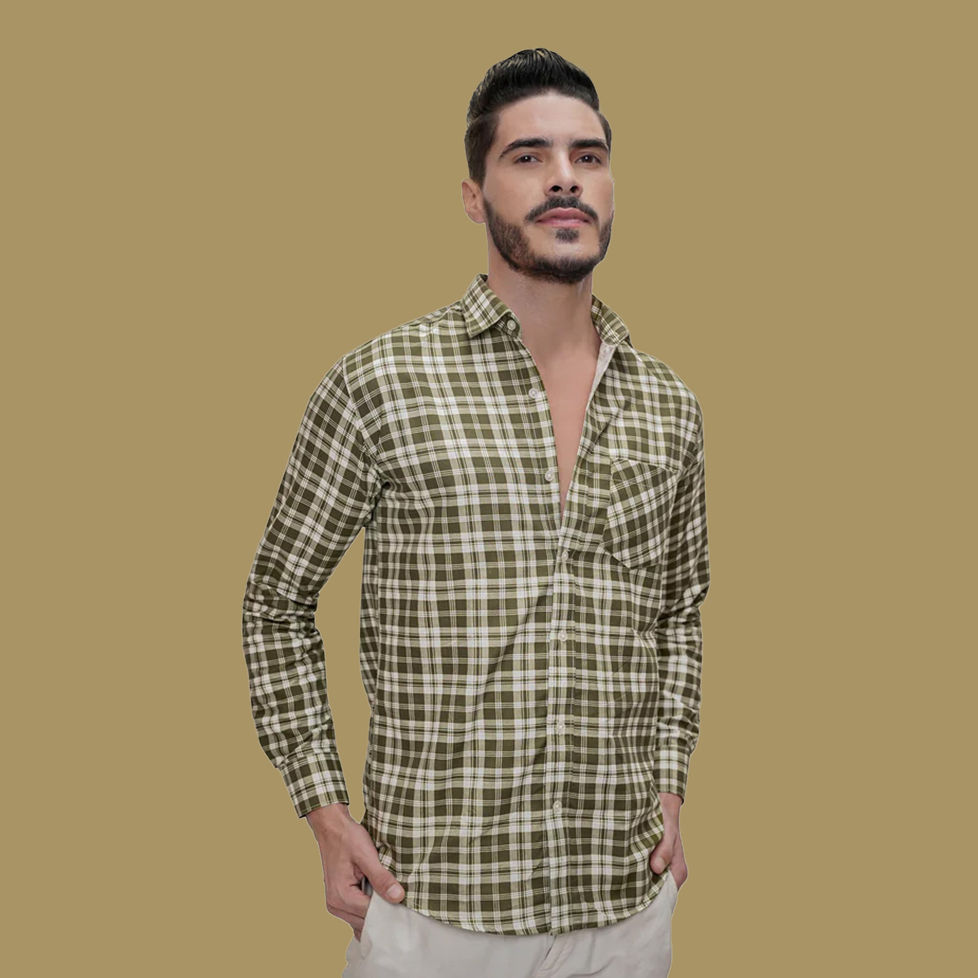 Checked Cotton Blend Formal Shirt for Men Dark Green