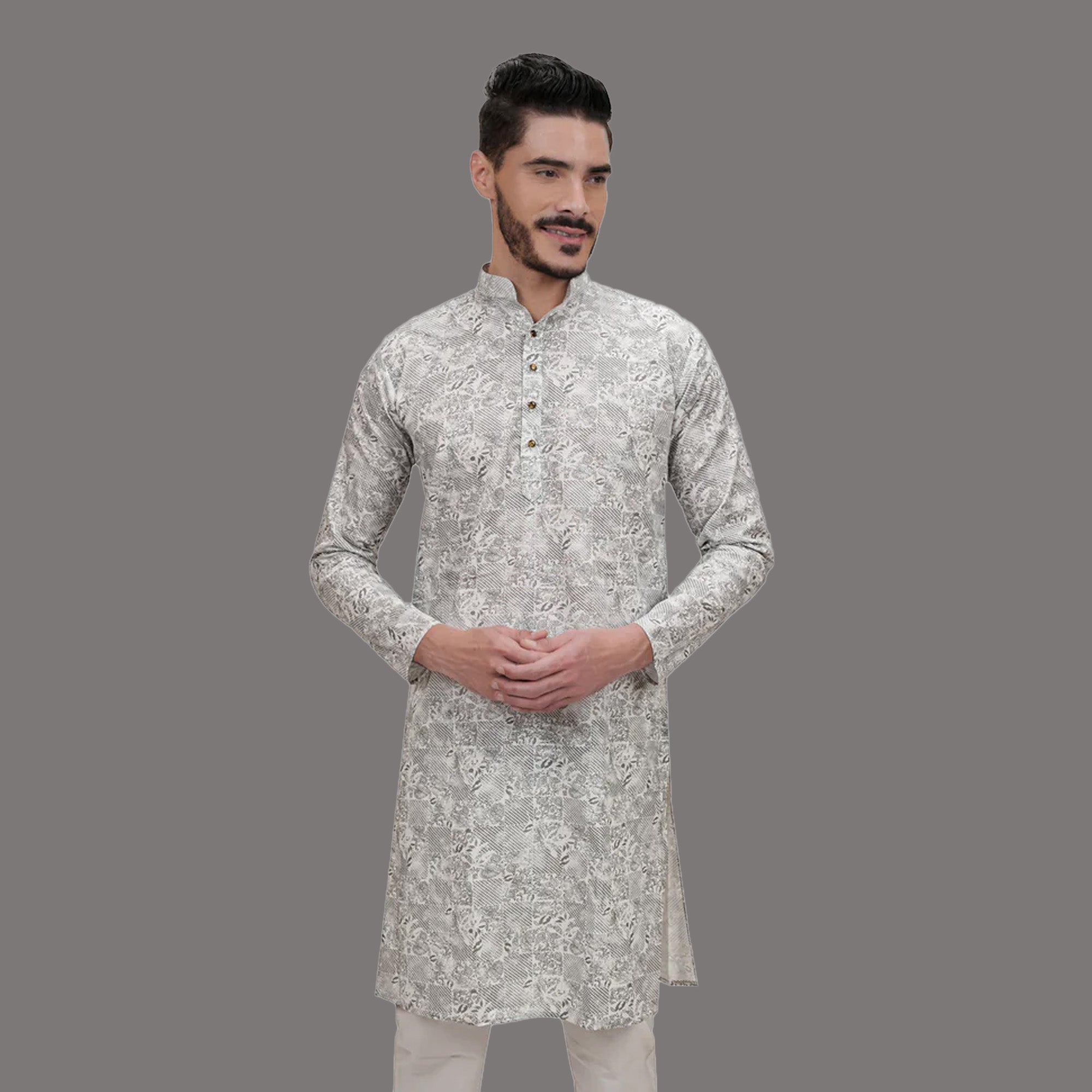 Grey Cotton Linen Floral Printed Long Kurta for Men