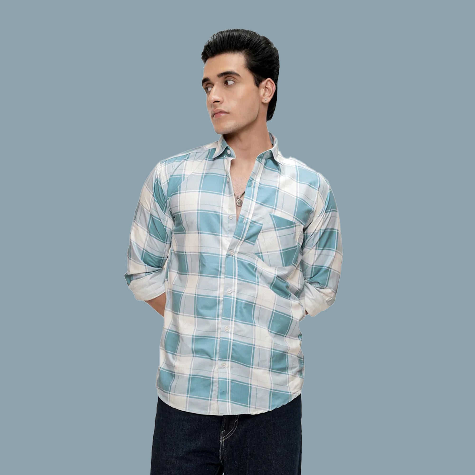 Square Check Cotton Blend Formal Shirt for Men Blue