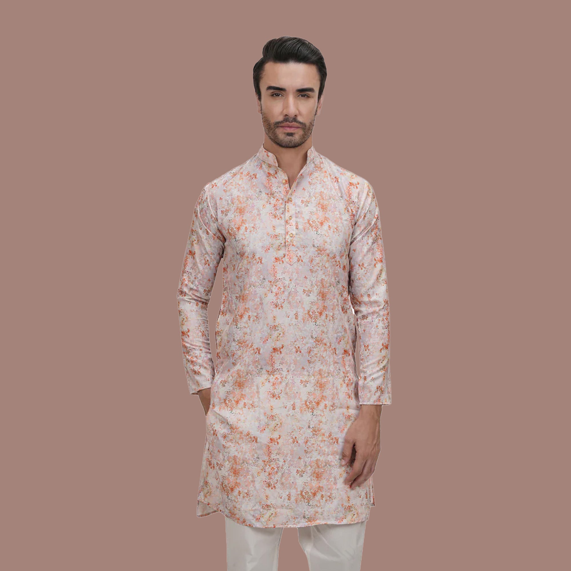 Light Pink Cotton Linen Floral Printed Long Kurta for Men