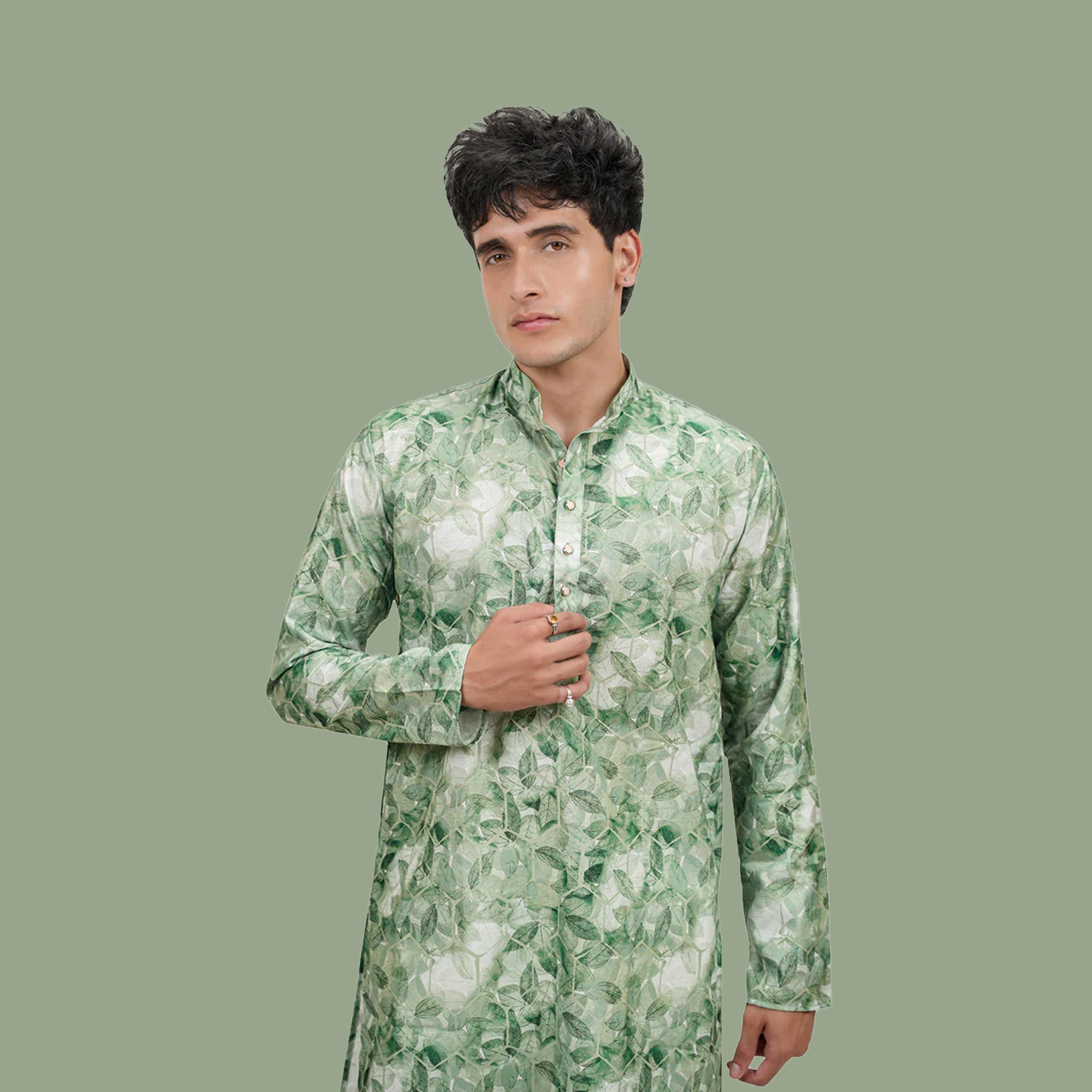 Men's Green Color Cotton Linen Floral Printed Long Kurta