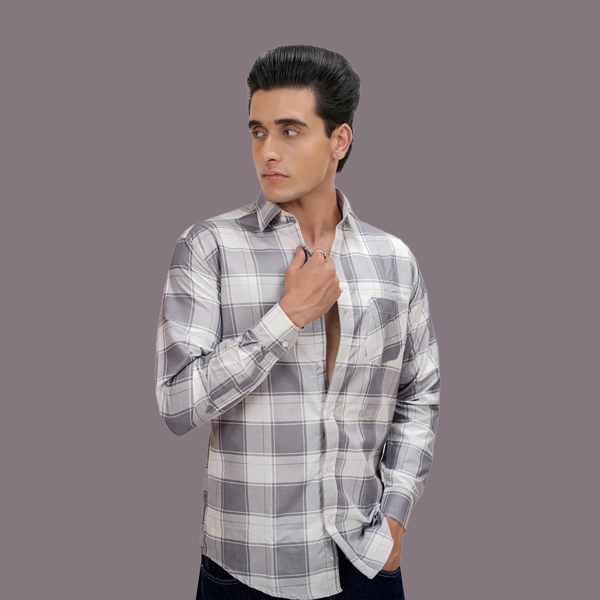 Square Check Cotton Blend Formal Shirt for Men Grey