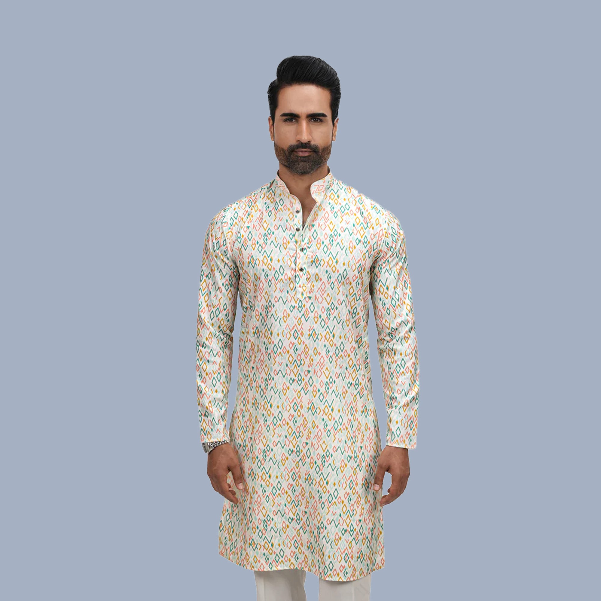 Multicolor Cotton Linen Floral Printed Men's Long Kurta