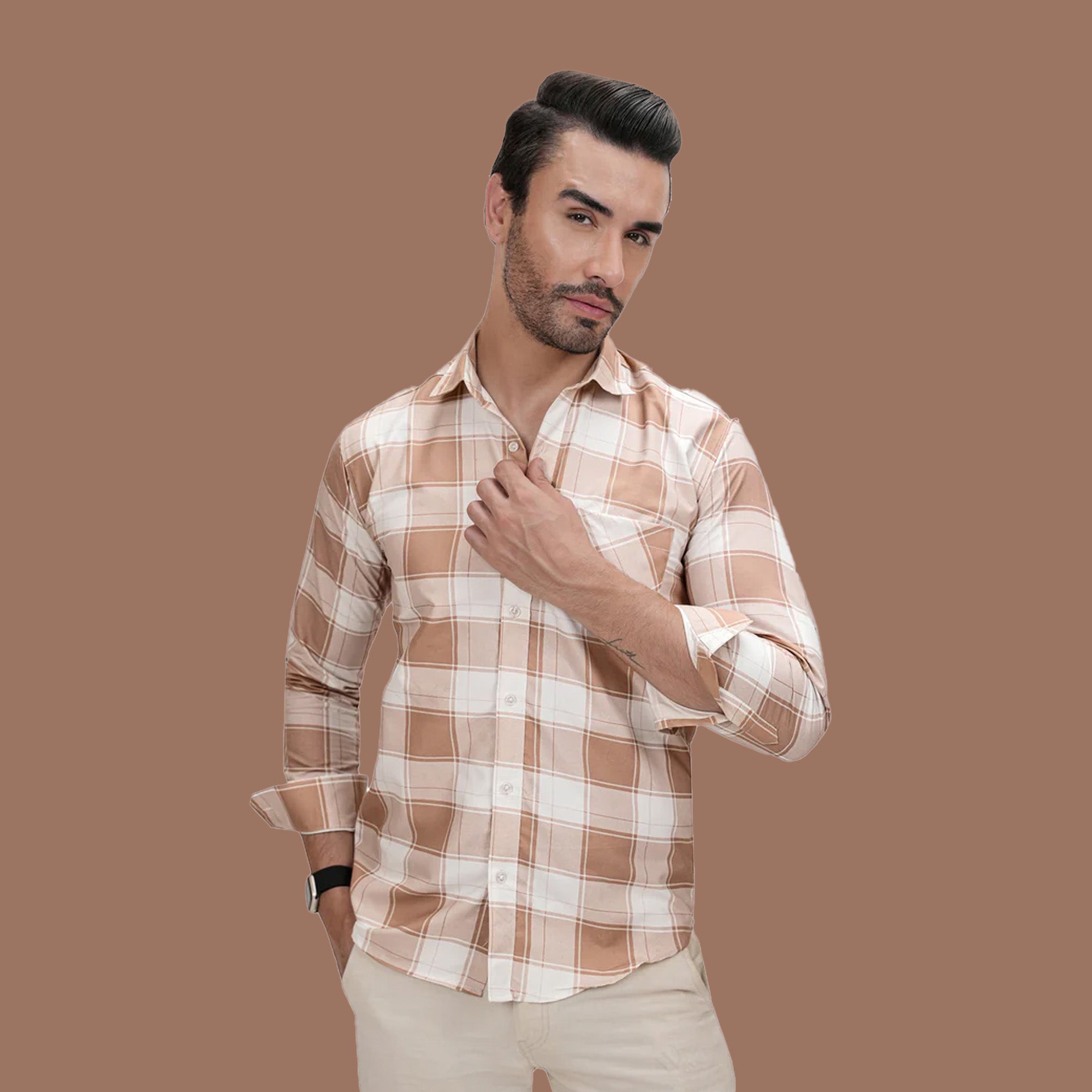 Square Pattern Cotton Blend Formal Shirt for Men Beige