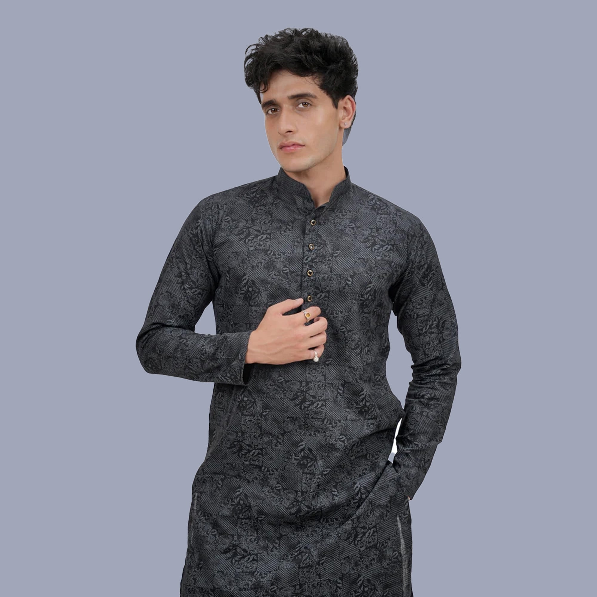 Premium Men's Black Cotton Linen Floral Printed Long Kurta