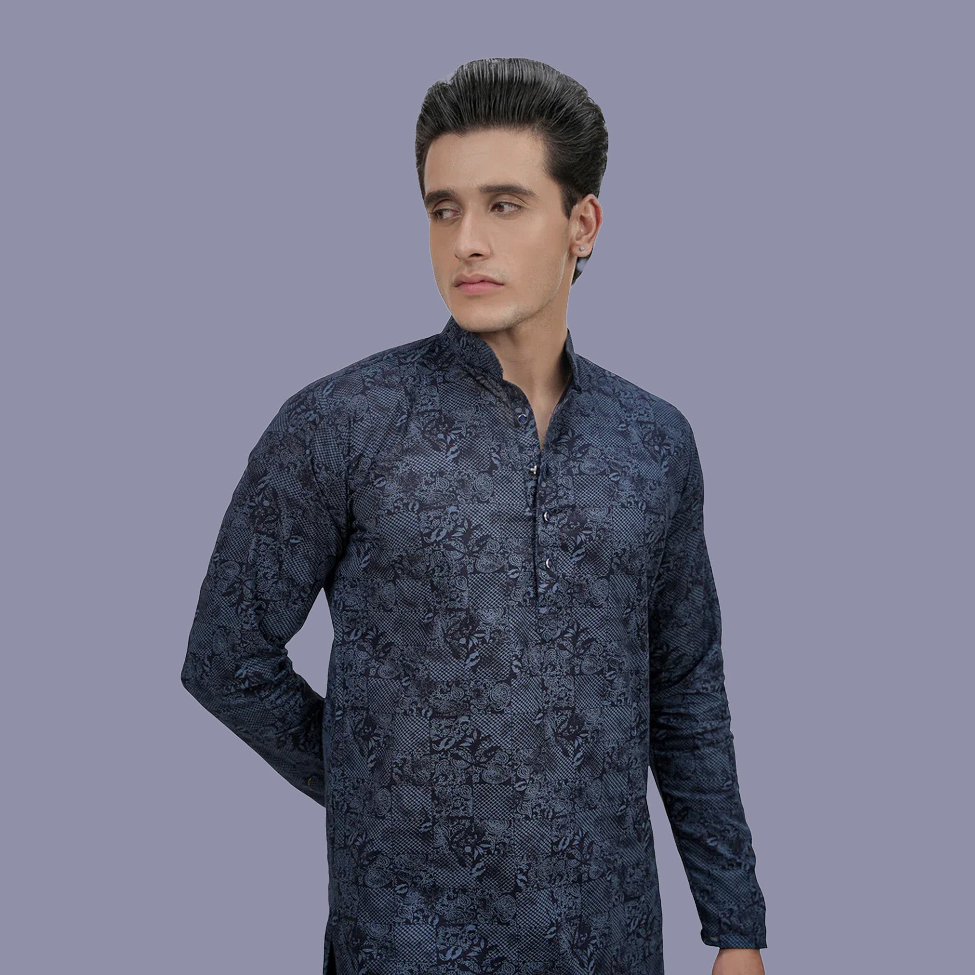 Premium Men's Navy Blue Cotton Linen Floral Printed Long Kurta