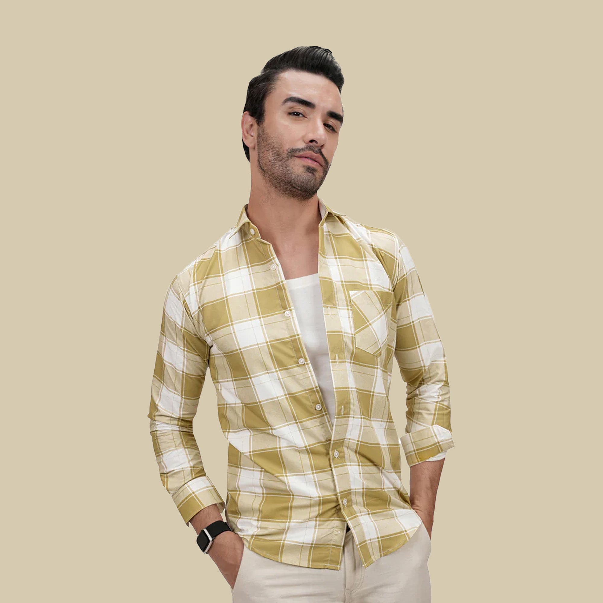 Square Pattern Cotton Blend Formal Shirt for Men Mustard