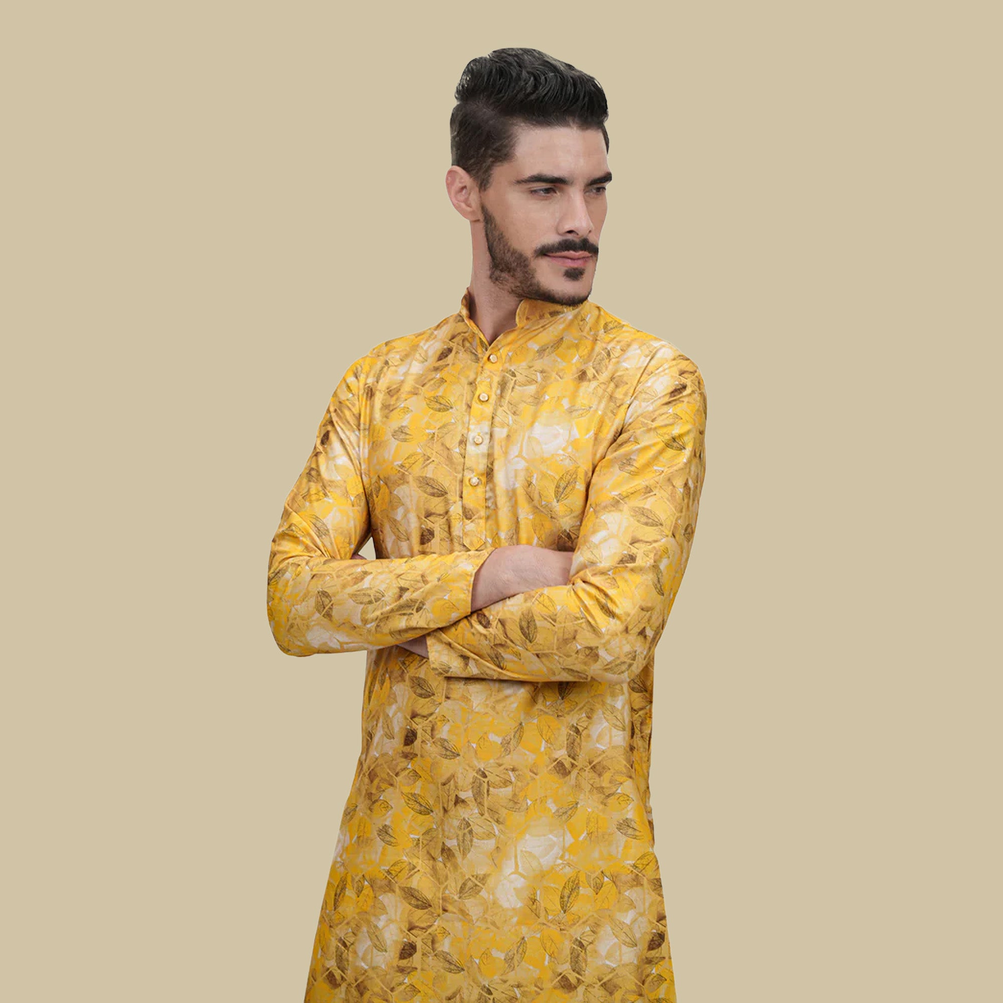 Yellow Cotton Linen Floral Printed Long Kurta for Men