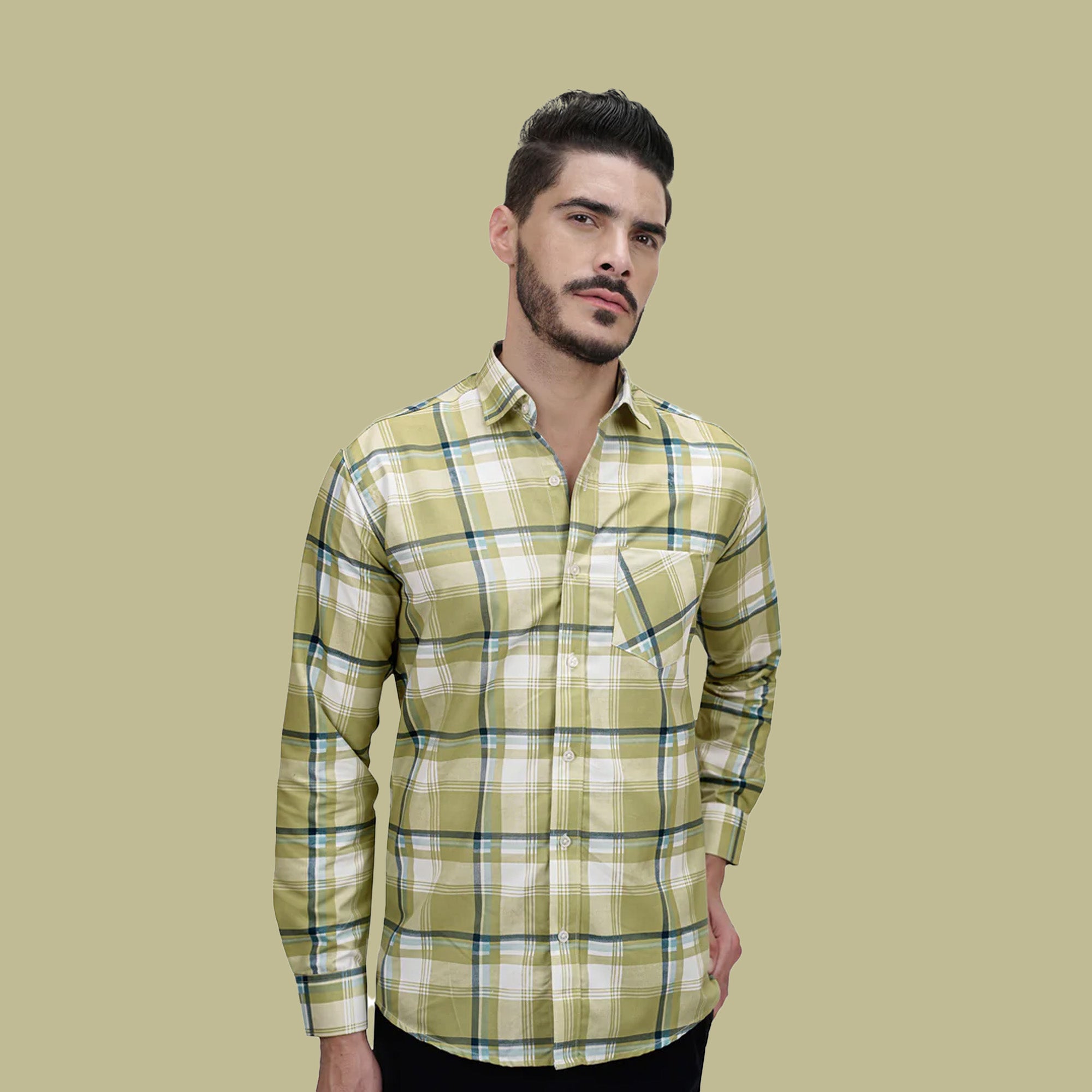 White Strip Checked Cotton Blend Formal Shirt for Men Olive Green