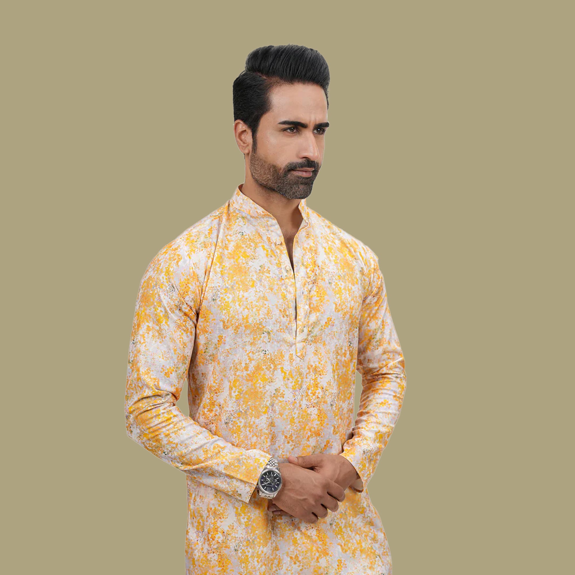 Yellow Pattern Printed Cotton Linen Long Kurta for Men