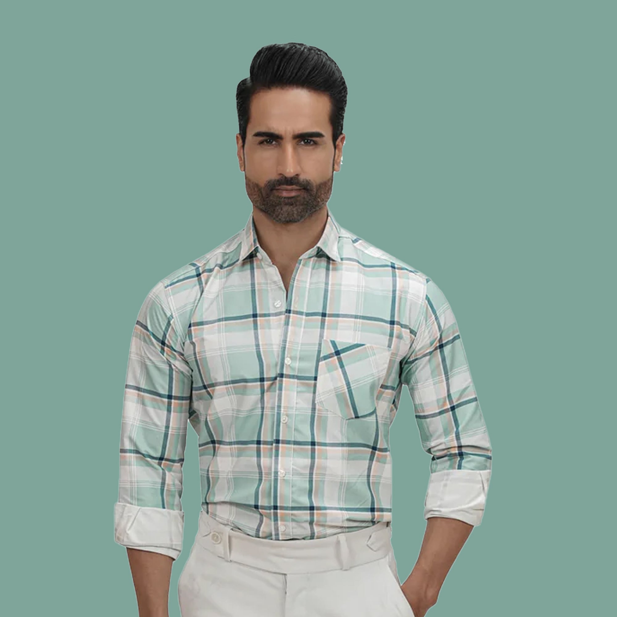 White Strip Checked Cotton Blend Formal Shirt for Men Turquoise Green