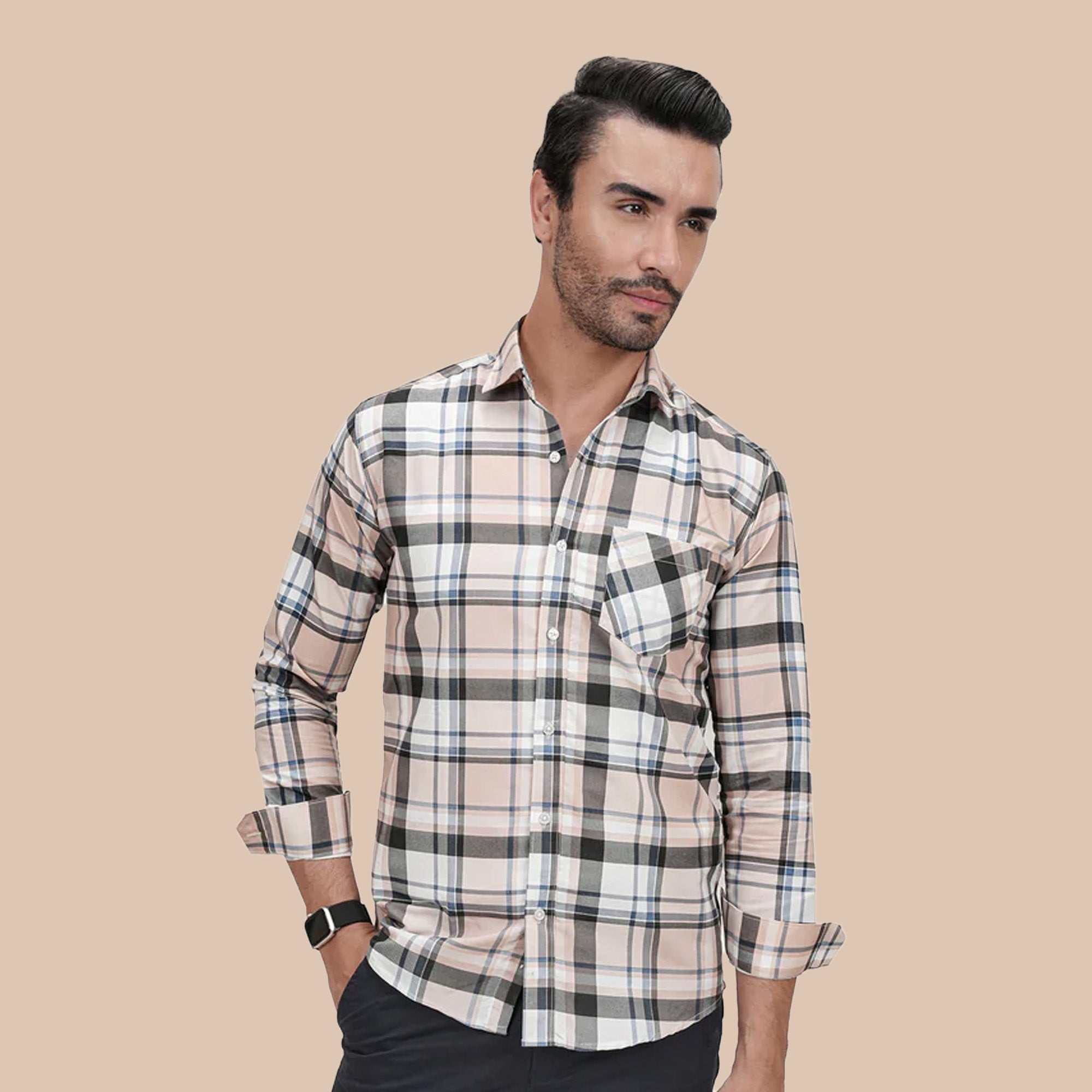 Black Strip Checked Brown Cotton Blend Formal Shirt for Men