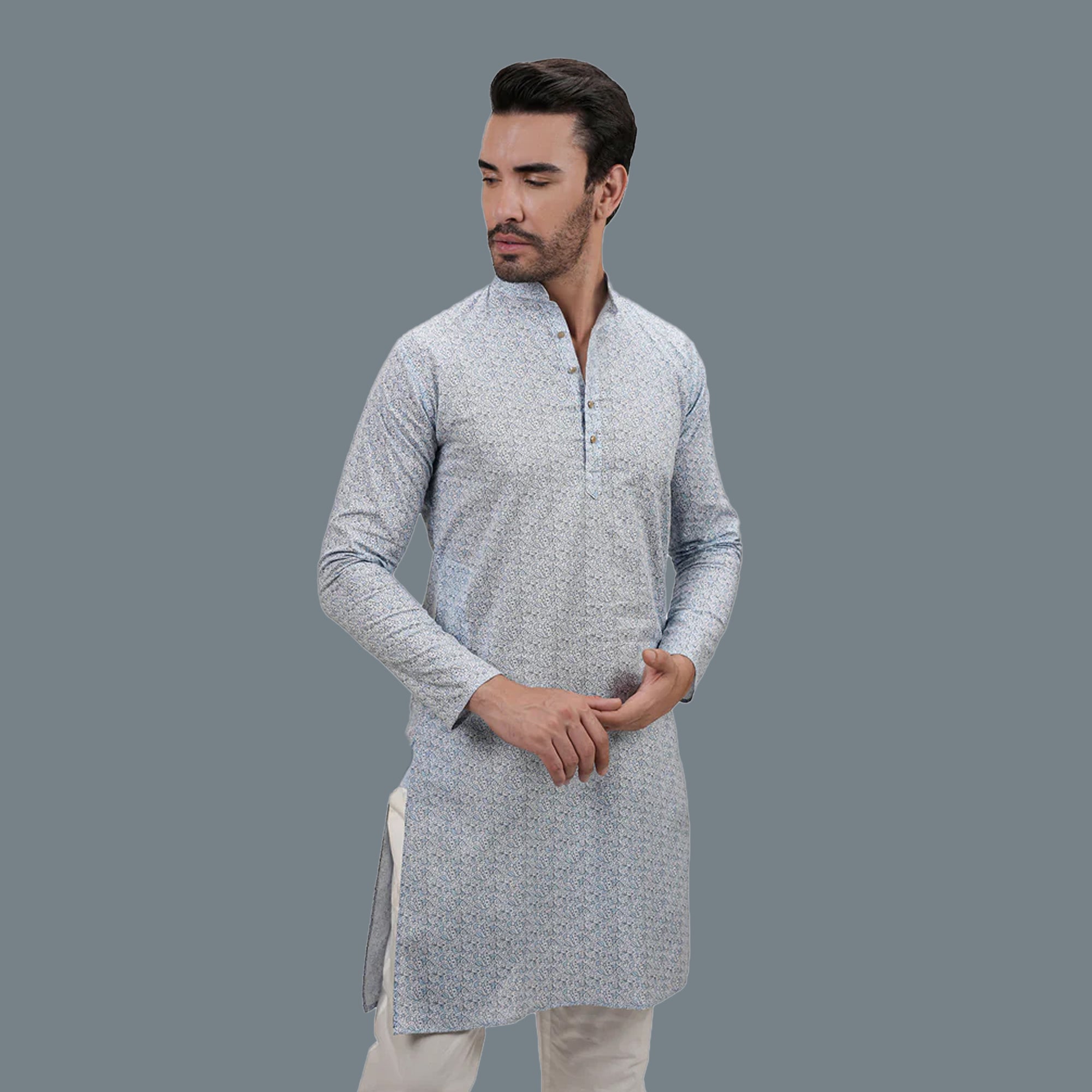 Blue Cotton Linen Floral Printed Men's Long Kurta