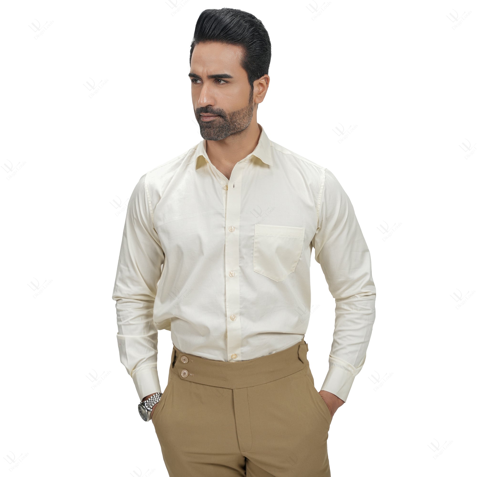 Cream Yellow Solid Plain Formal Shirts for Men 100 Cotton