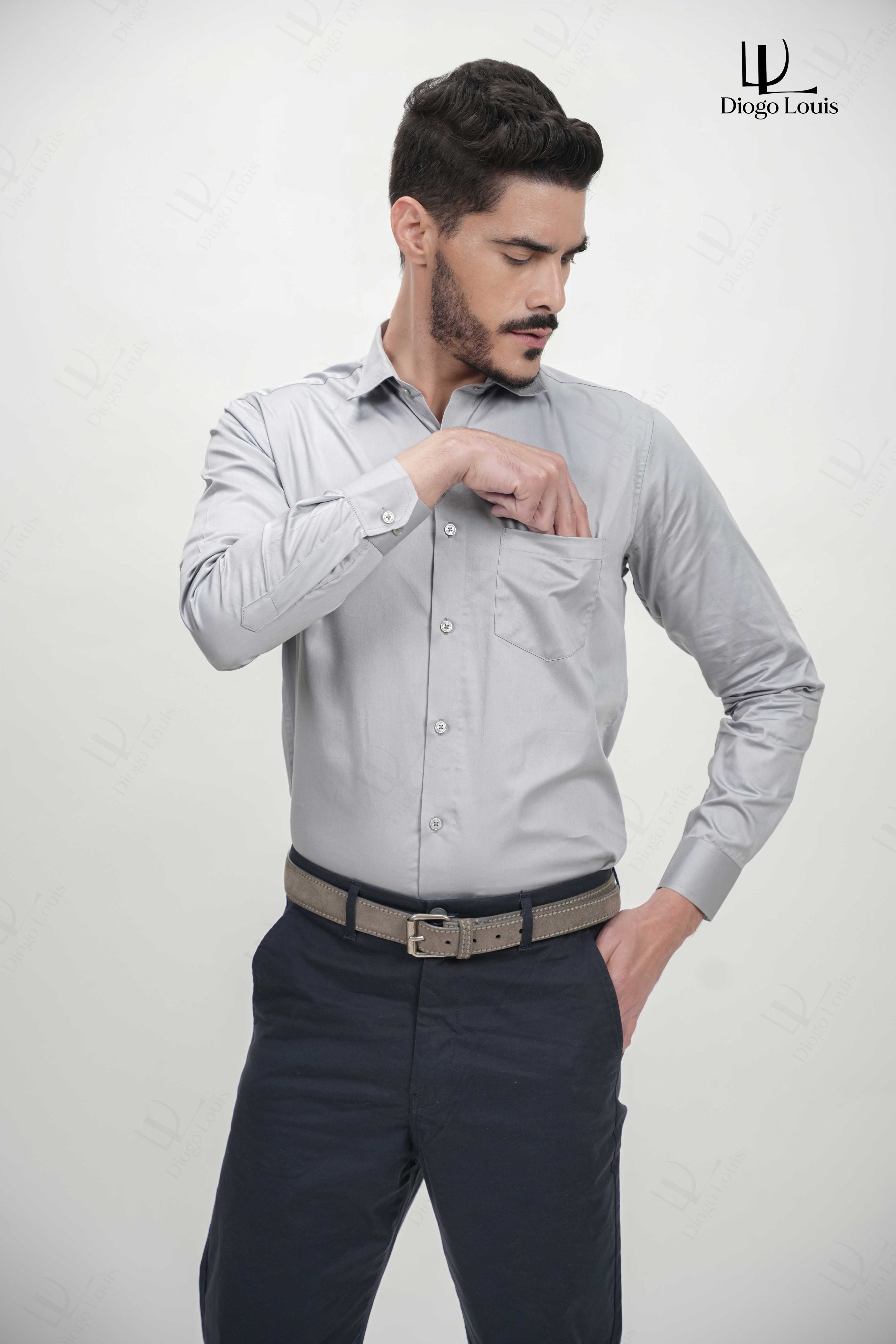 Grey Solid Plain Formal Shirts for Men - 100% Cotton