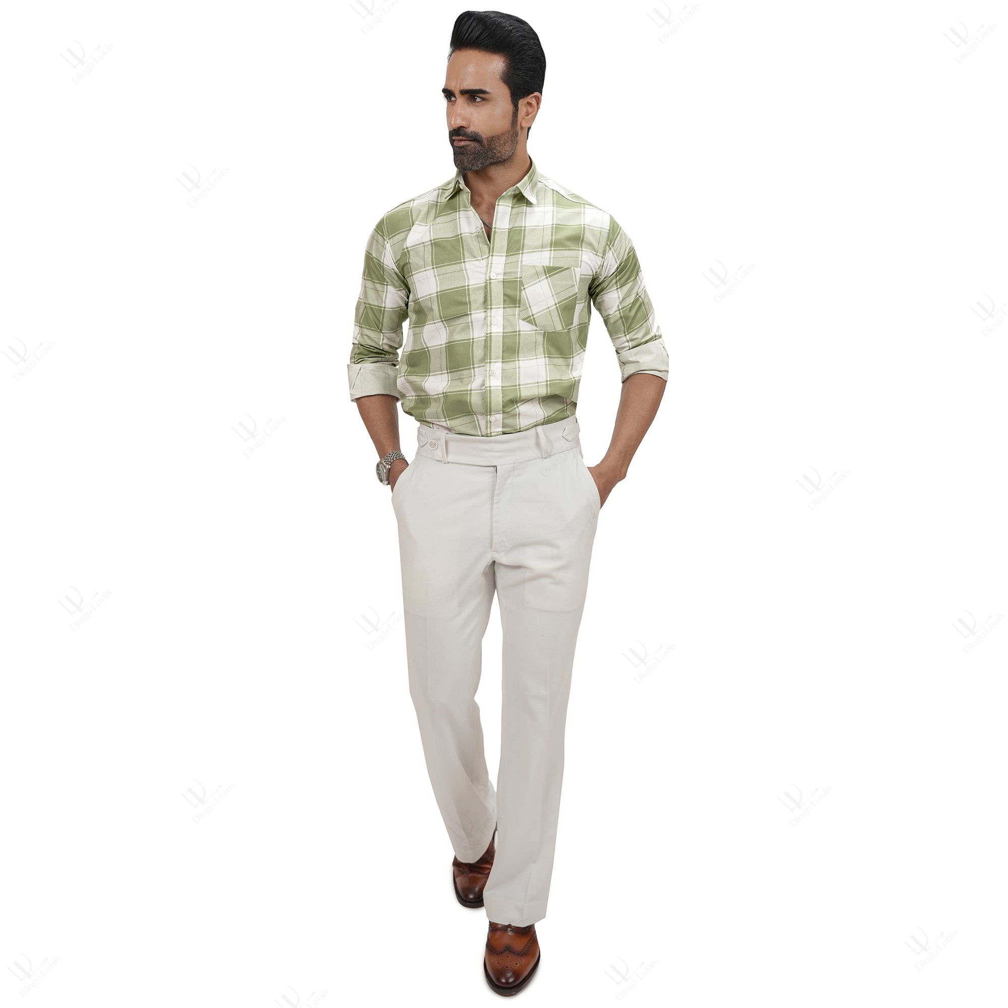 Square Check Cotton Blend Formal Shirt for Men Green