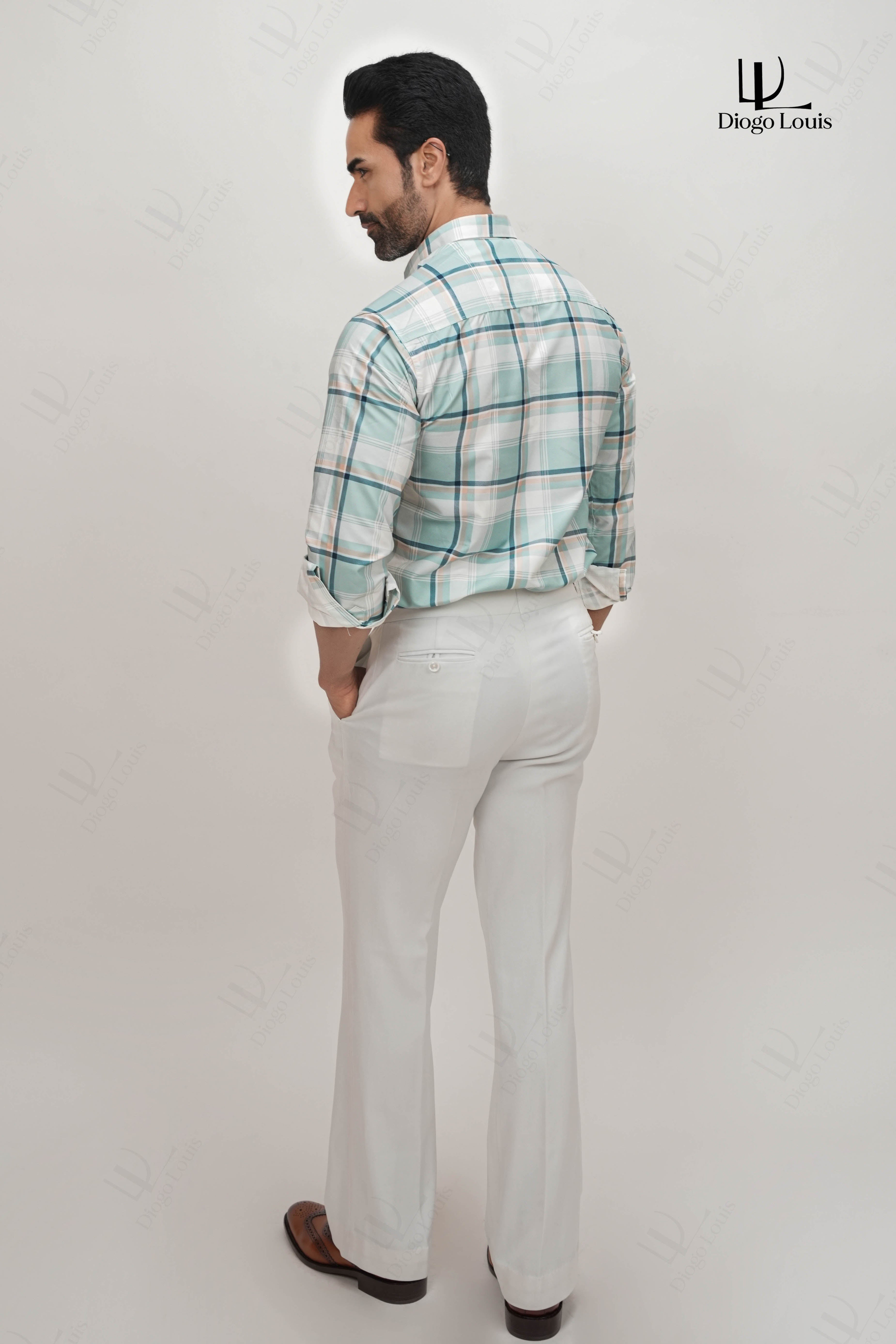 White Strip Checked Cotton Blend Formal Shirt for Men