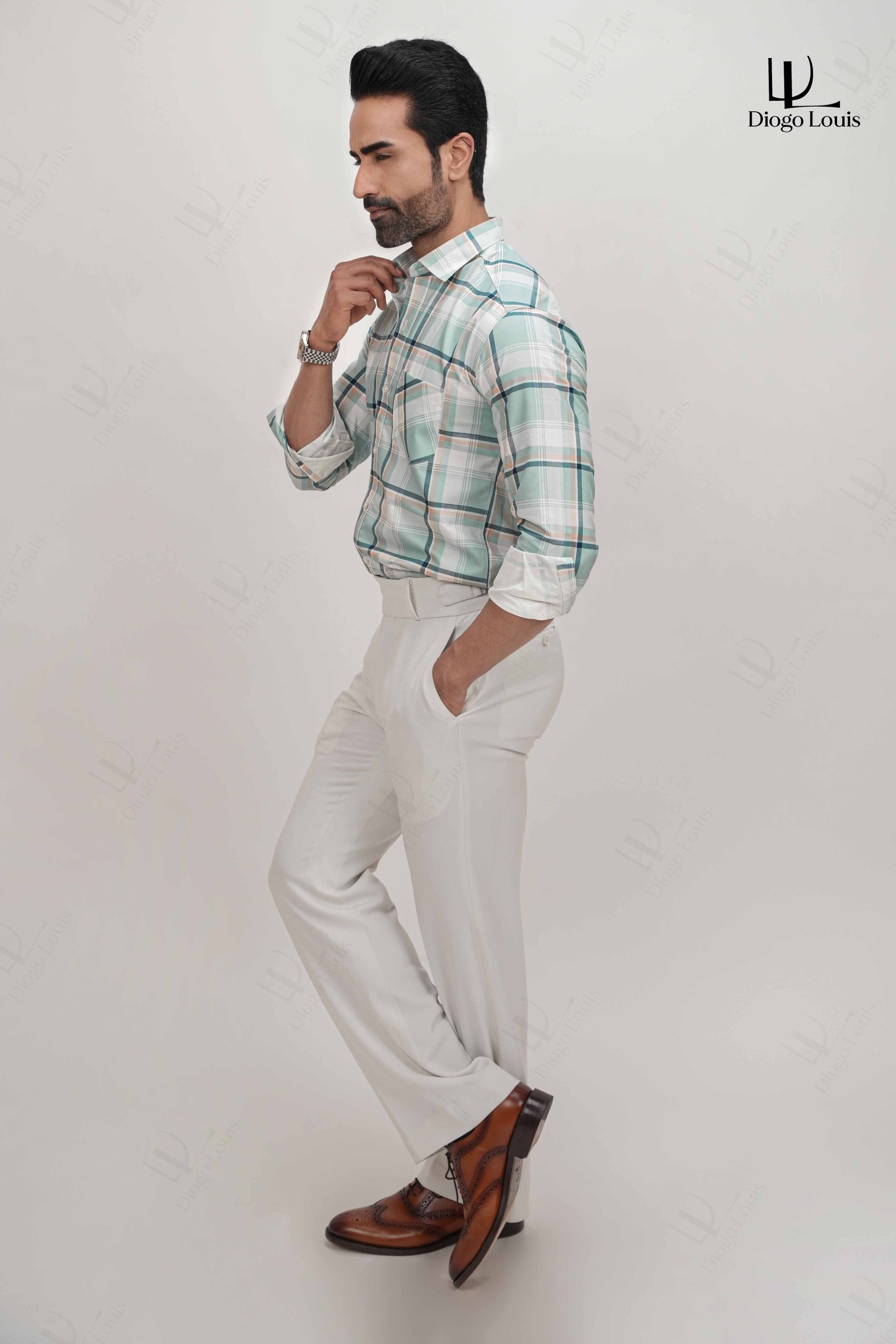 White Strip Checked Cotton Blend Formal Shirt for Men