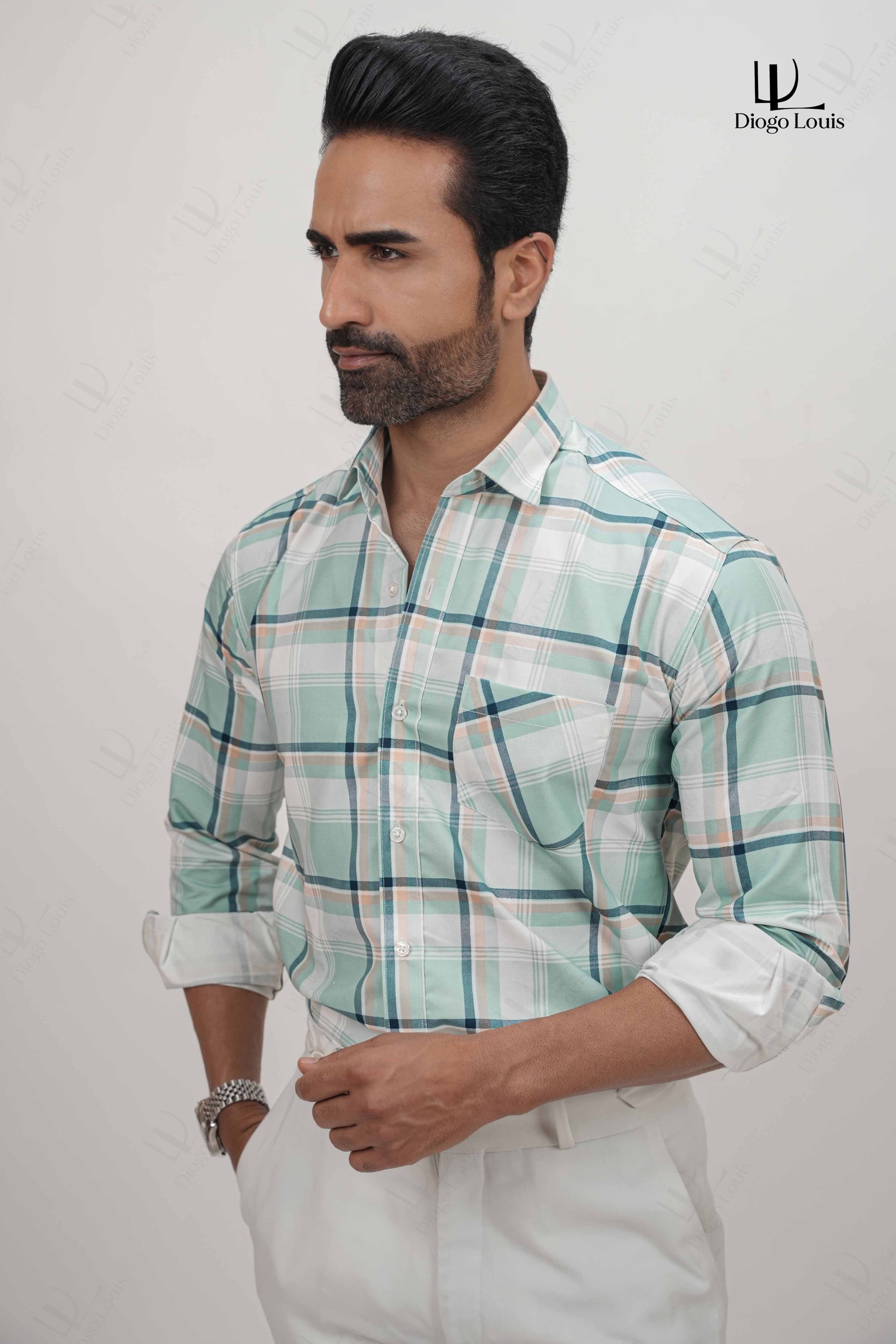 White Strip Checked Cotton Blend Formal Shirt for Men